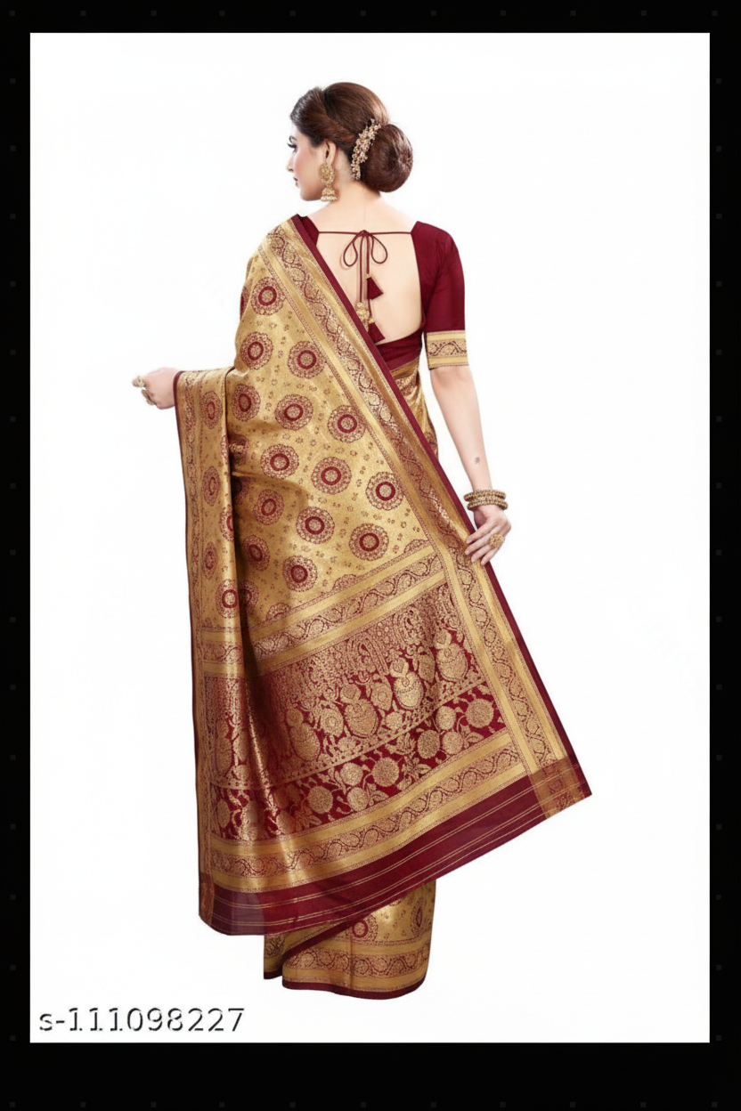 Gold Dark Red Saree Back