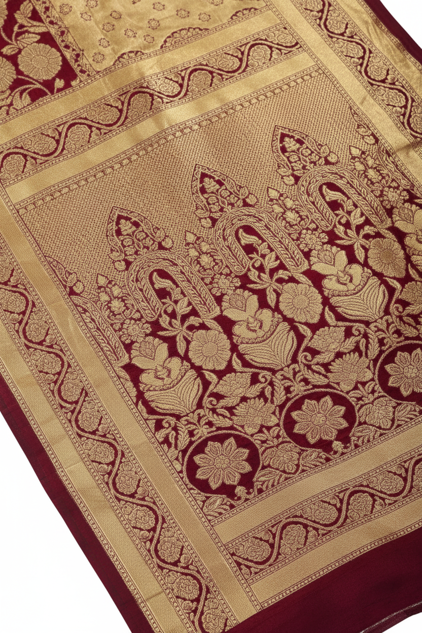 Gold Dark Red Saree Detail