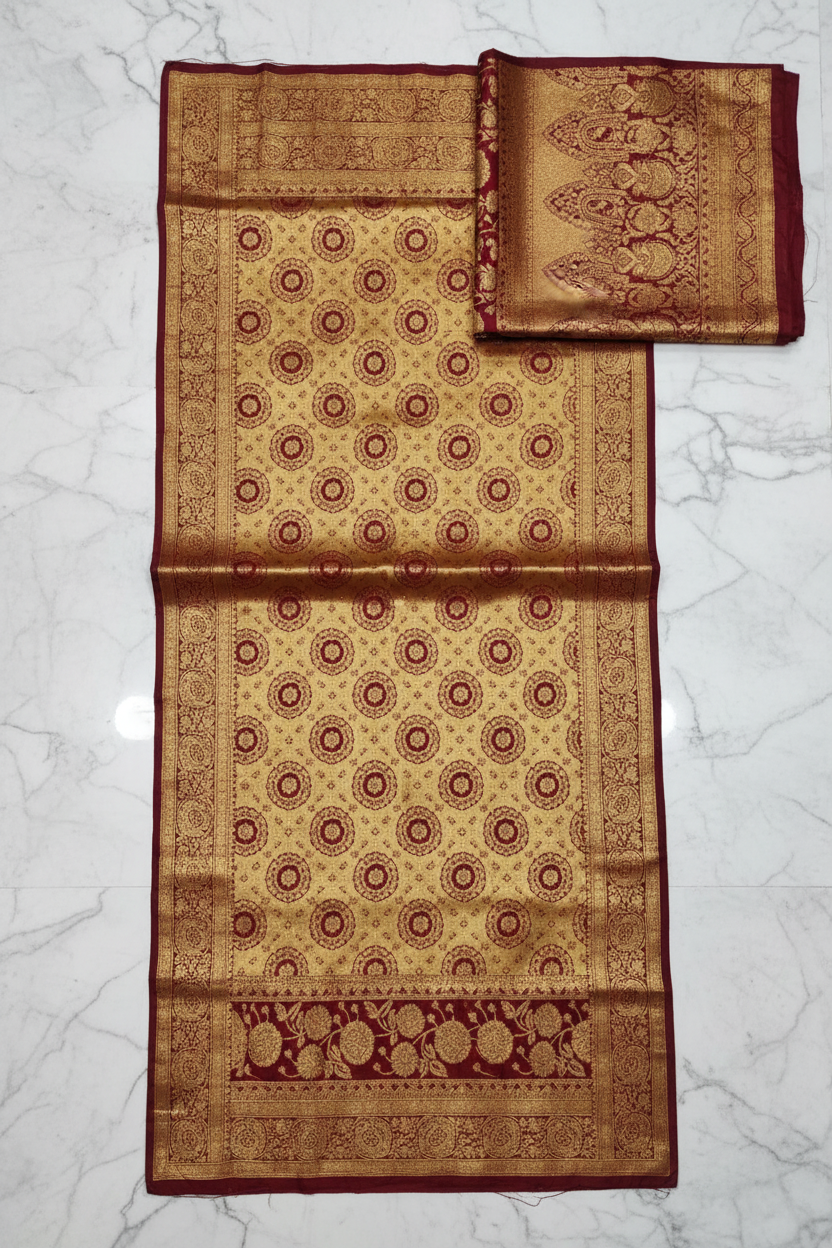 Gold Dark Red Saree Flat Lay