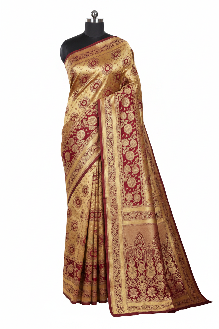 Gold Dark Red Saree on Stand
