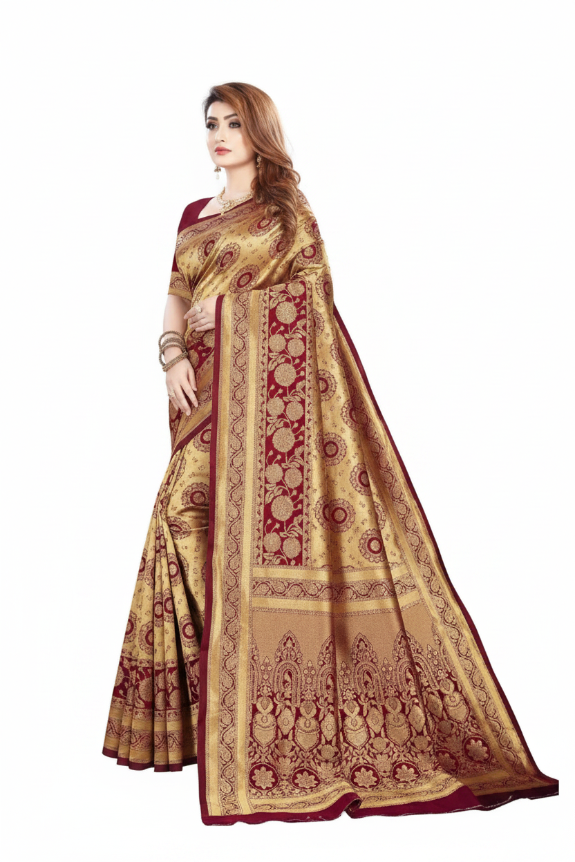 Gold Dark Red Saree Side